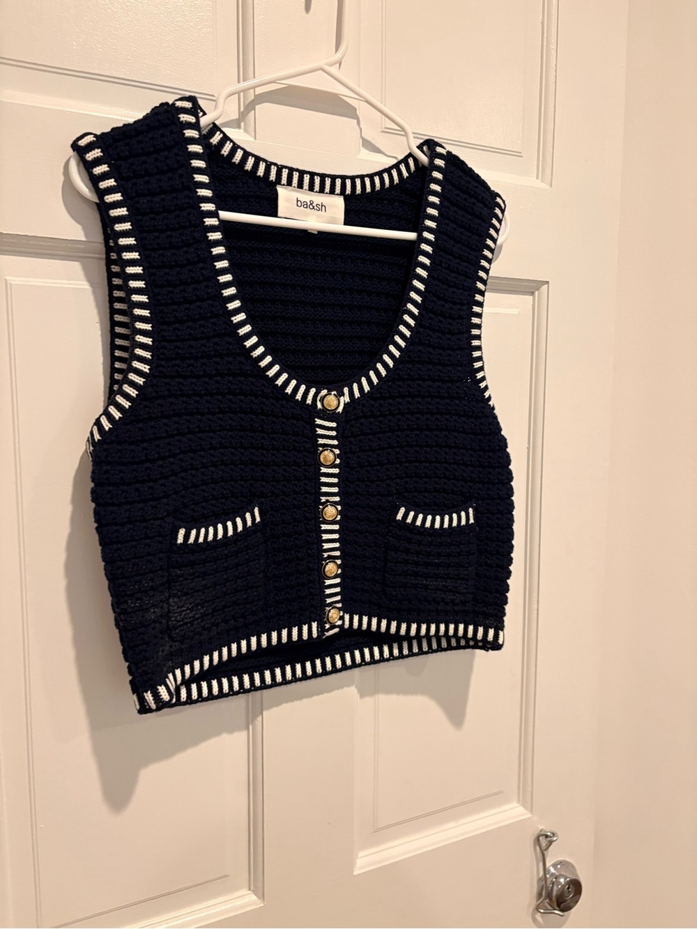 ba&sh Navy Cropped Knit Button-Front Vest with White Trim